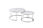 Layla nesting coffee table large set in polished silver frame with white marble stone tops.