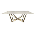 Stylish Lenox Dining Table in gold stainless frame with sleek white marble stone top.