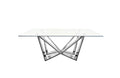 Lenox Dining Table with polished silver stainless steel frame and clear tempered glass top.