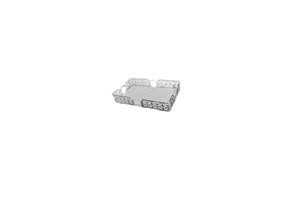  Small silver rectangle Lucy tray with classic mirrored base and ornate edge design – perfect for luxe accents.