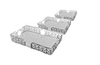 Set of 3 silver rectangle Lucy trays with mirrored bases and ornate filigree sides – timeless design for elegant presentation.