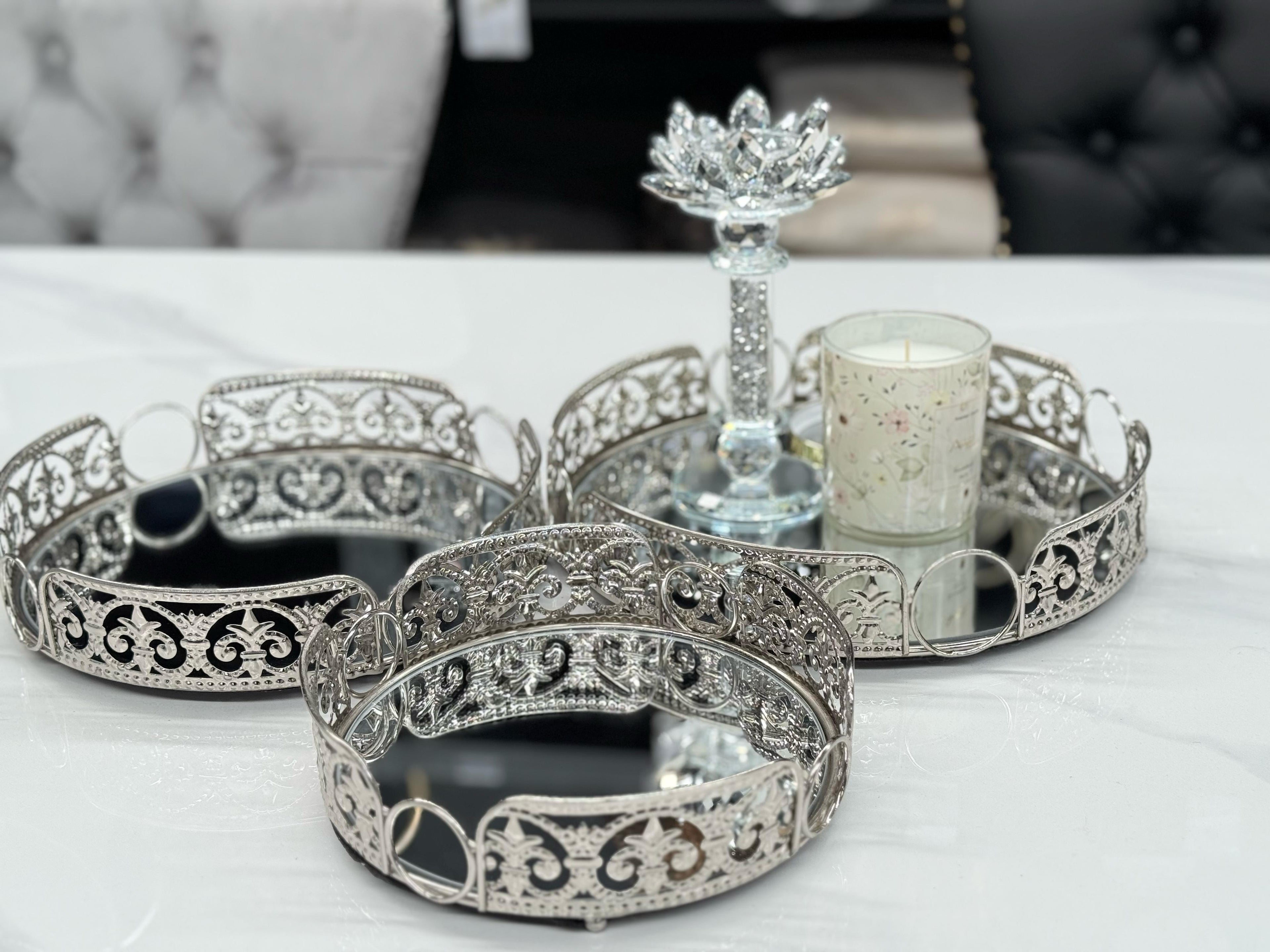 Styled silver Lucy tray set with candles and crystal decor on a marble table – adds luxury and charm to any space.