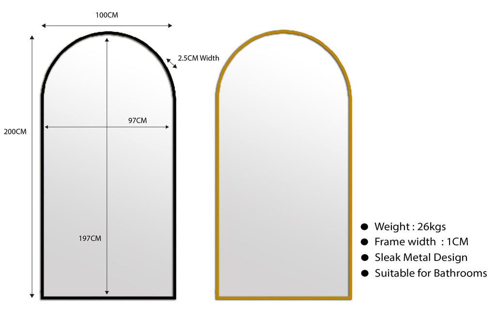 Extra large black and gold metal arch mirrors 200cm x 100cm, sleek modern design