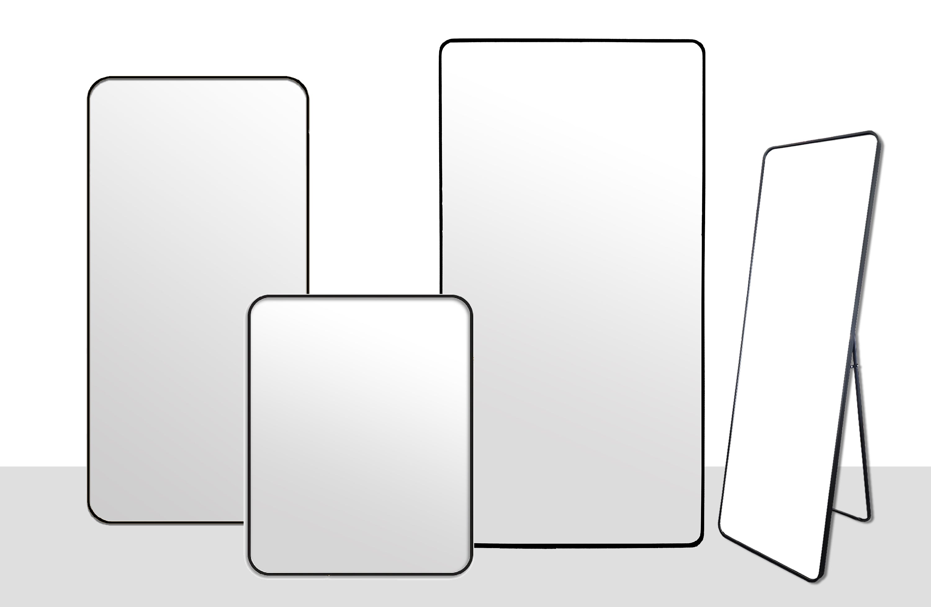 Sleek black metal rectangle mirrors collection in multiple sizes including free standing option.