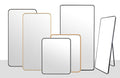 Metal rectangle mirrors in black and gold frames, full collection display with various sizes.