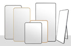 Metal rectangle mirrors in black and gold frames, full collection display with various sizes.