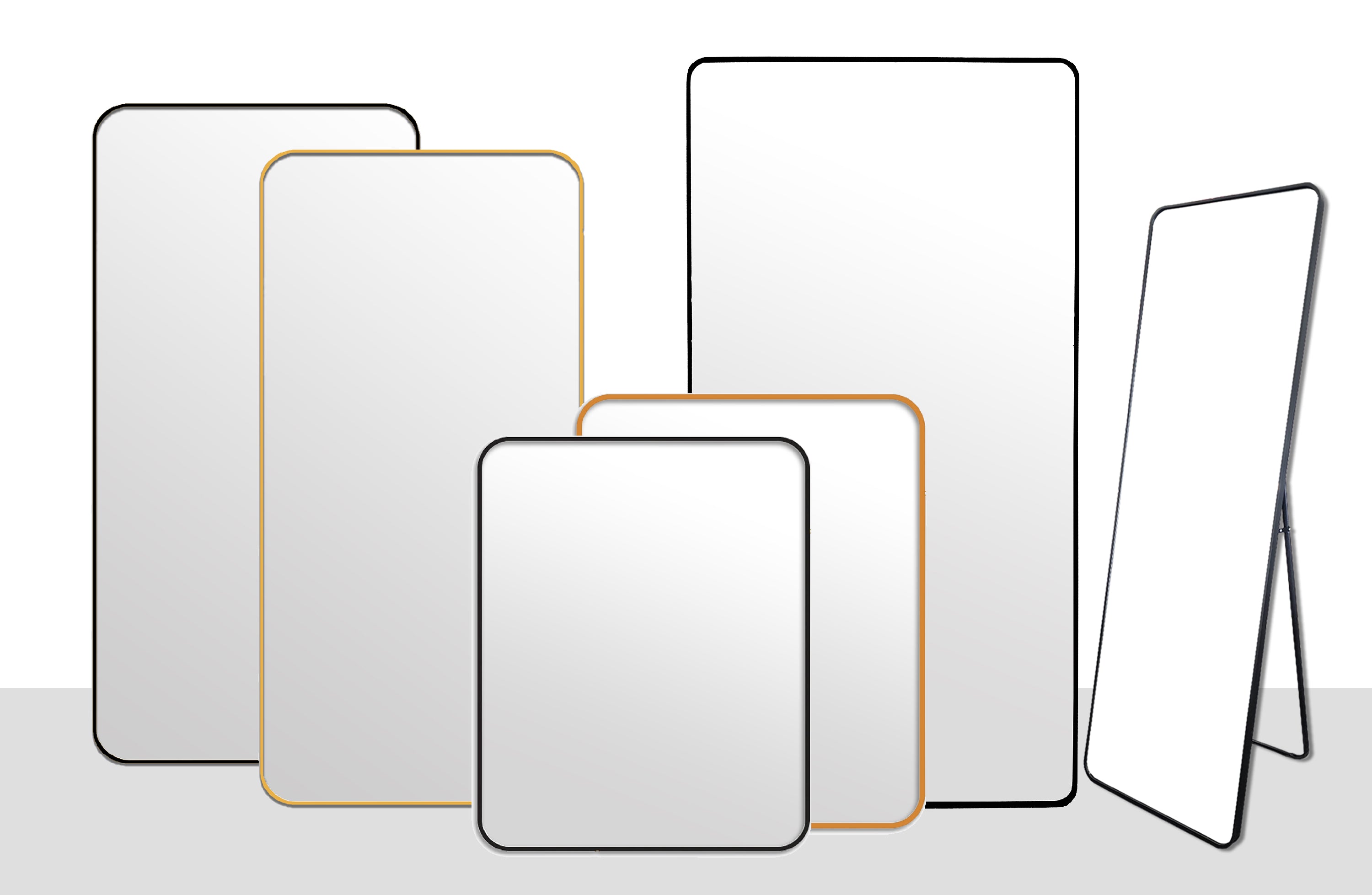 Metal rectangle mirrors in black and gold frames, full collection display with various sizes.