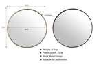 Large 100cm round mirror with slim black and gold metal frames, dimension view