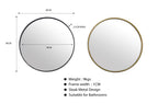 Small round mirror with black and gold frame options, 80cm size with measurements