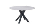 Miles round dining table with black frame and white marble top, minimal modern design.