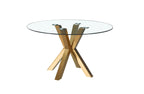Miles round dining table with polished gold frame and clear tempered glass top, luxury design.