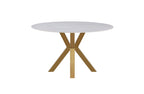 Miles round dining table with gold frame and white marble top, stylish and modern.