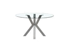 Miles round dining table with silver stainless frame and clear tempered glass top, modern design.