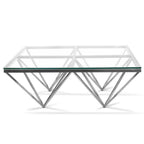 Pyramid silver polished steel coffee table with clear glass top modern design