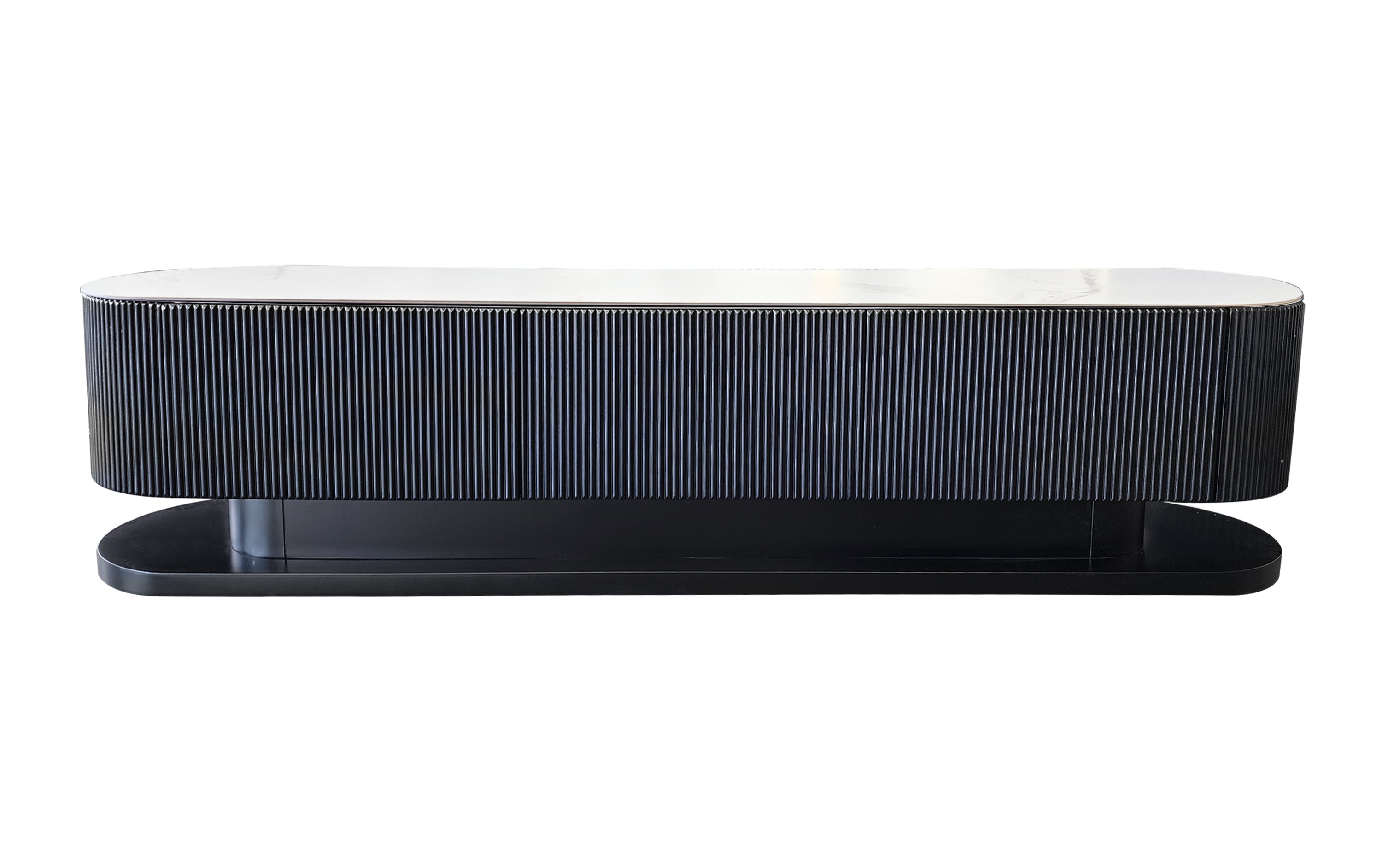 Contemporary black ripple TV cabinet with contrasting white stone top finish