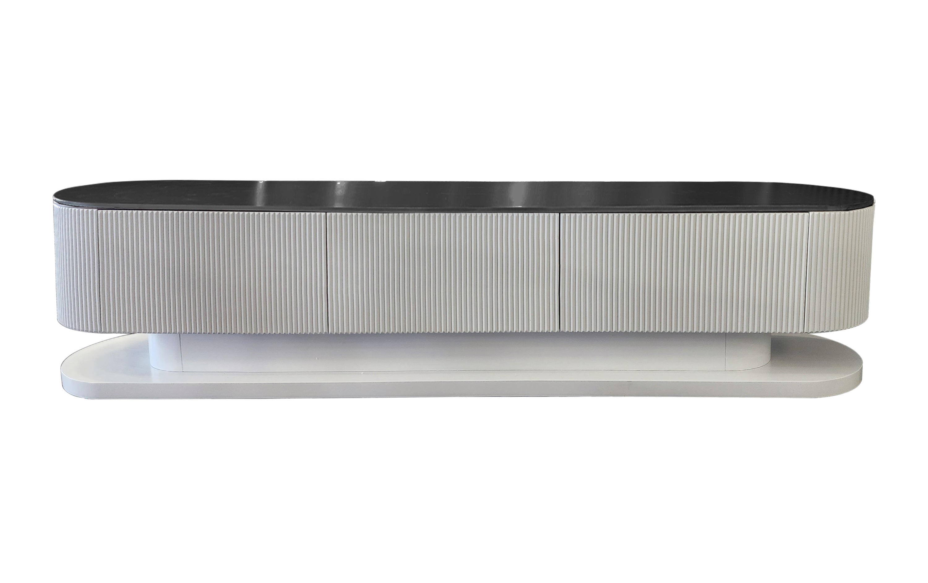 Elegant white ripple TV unit with bold black stone top accent