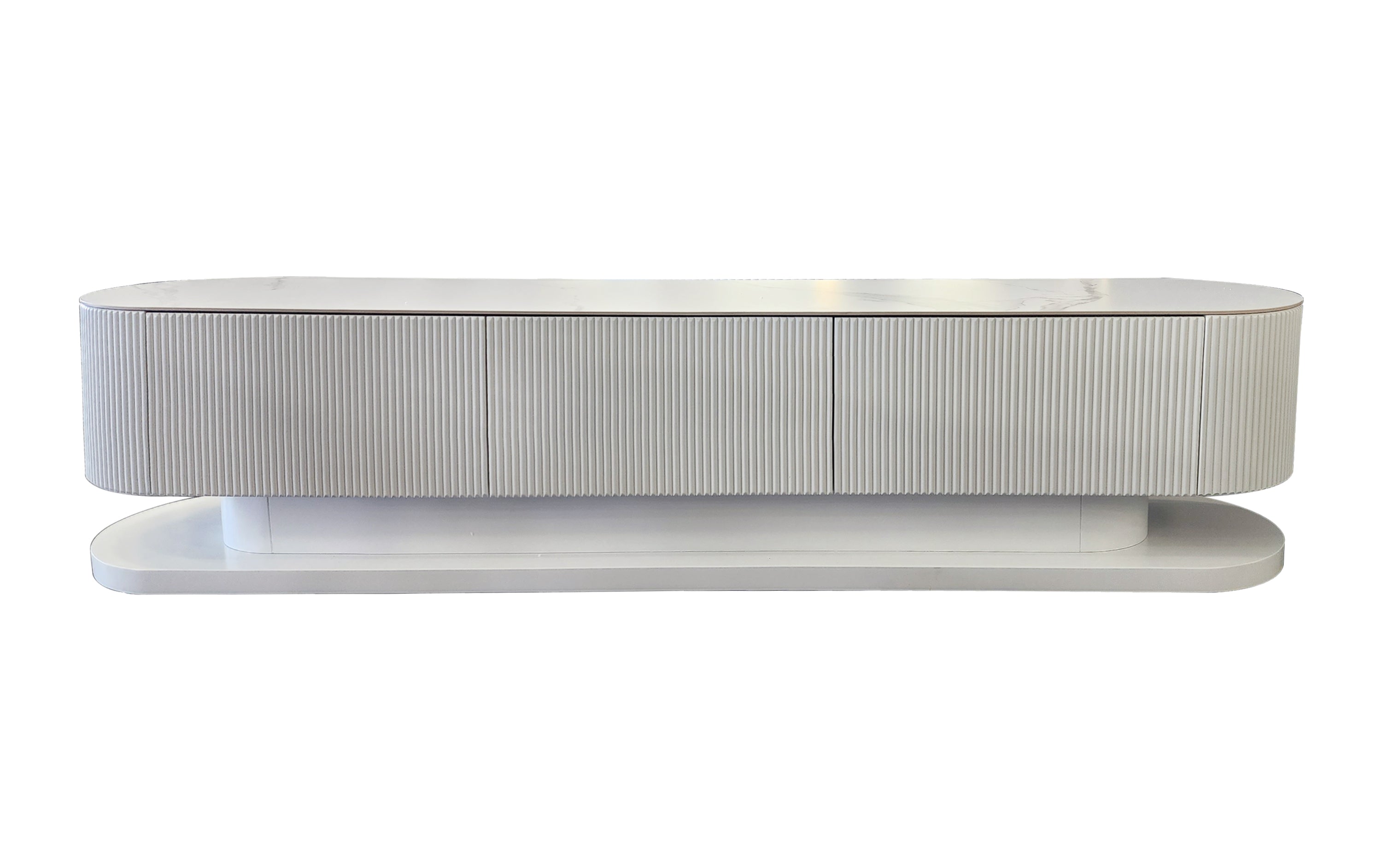 Sleek white entertainment TV cabinet with ripple detailing and matching white stone top