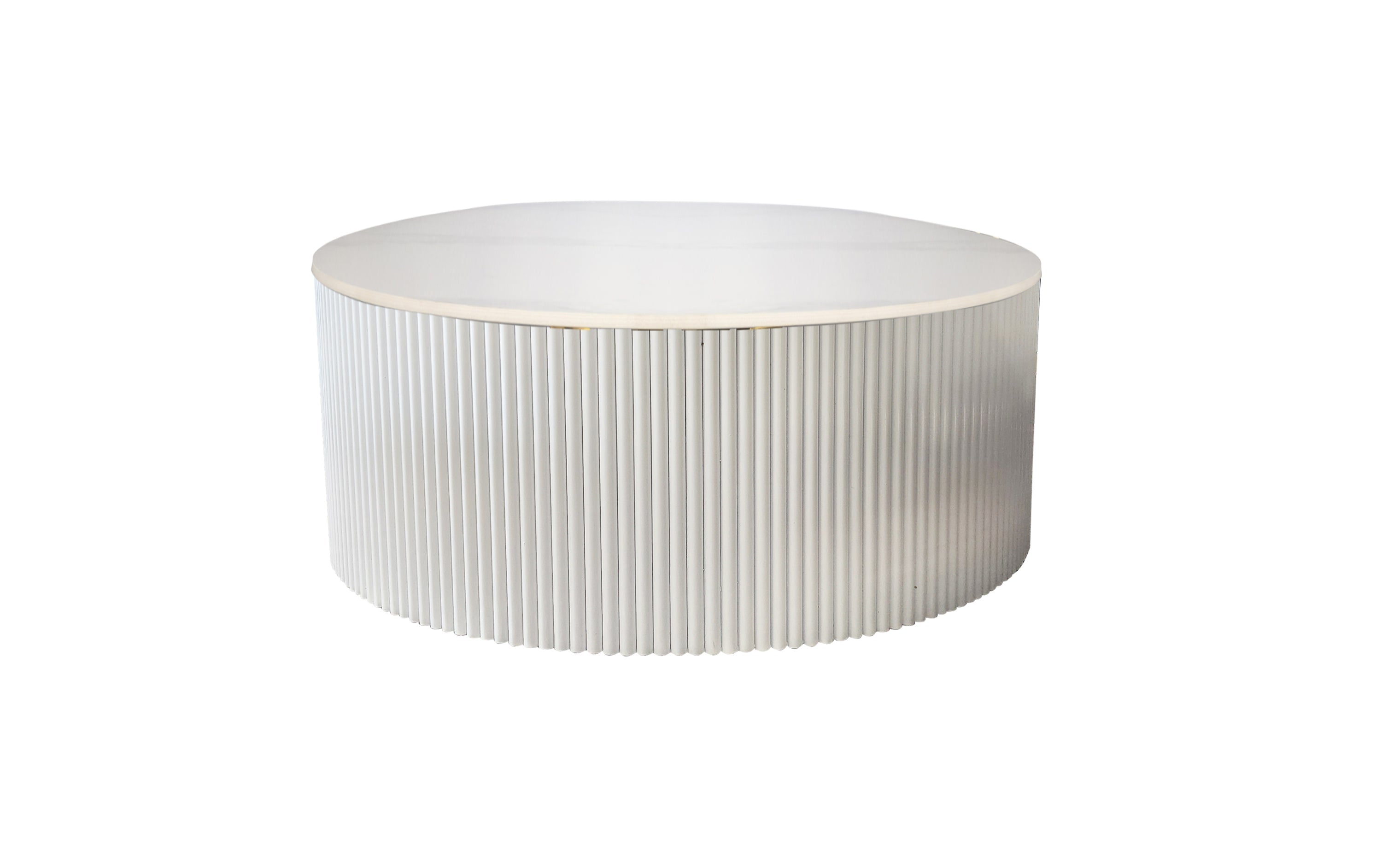 Ripple white round coffee table with ribbed frame and marble top