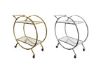Roman bar trolleys in shiny gold and silver with glass shelves.