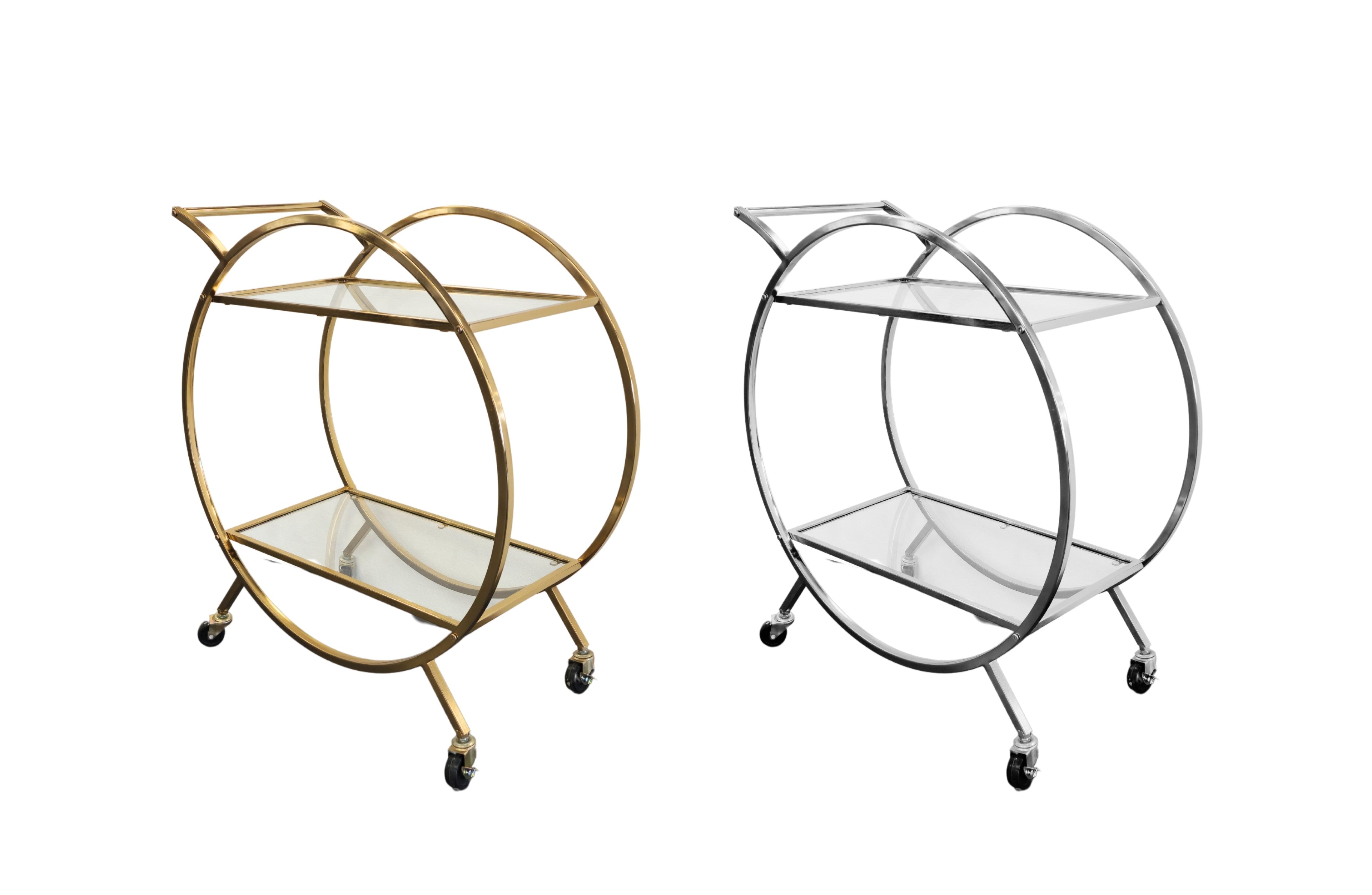 Roman bar trolleys in shiny gold and silver with glass shelves.