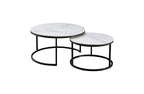 Romana nesting coffee table large set with black metal frame and white marble tops.
