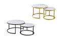 Romana nesting coffee table sets with gold and black metal frames and marble tops.