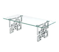 Royale coffee table in polished silver metal frame with clear tempered glass top, contemporary style.
