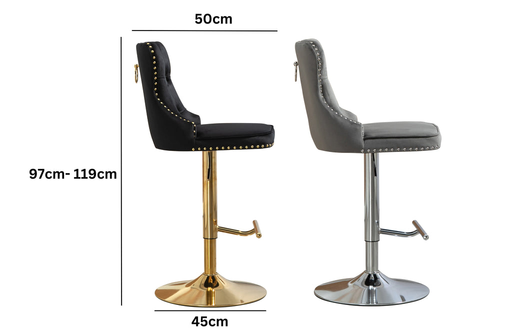 Sahara tufted swivel bar stools with footrest, adjustable height 97–119cm, 50cm seat, 45cm base