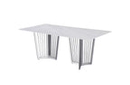 Serena Dining Table polished silver stainless frame with luxurious white marble top centerpiece.