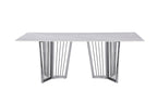 Serena Dining Table with polished silver stainless frame and elegant white marble stone top.