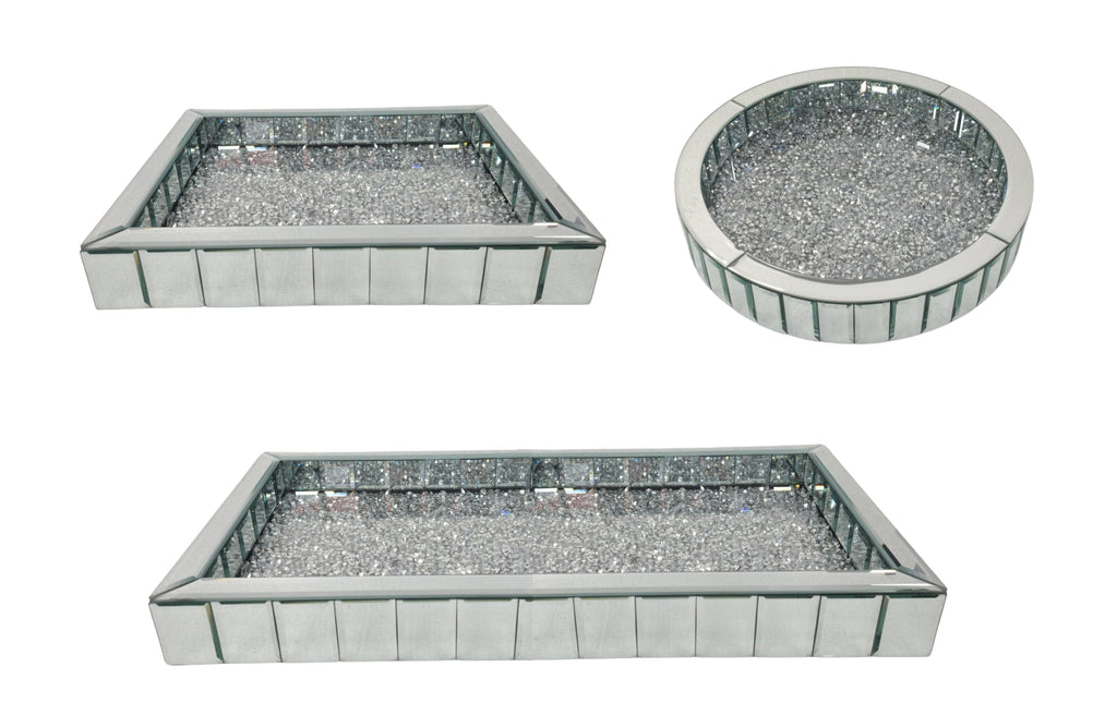 Luxurious set of 3 bevelled mirror trays with diamond trim, perfect for displaying perfumes, jewellery, or candles on vanities and coffee tables.