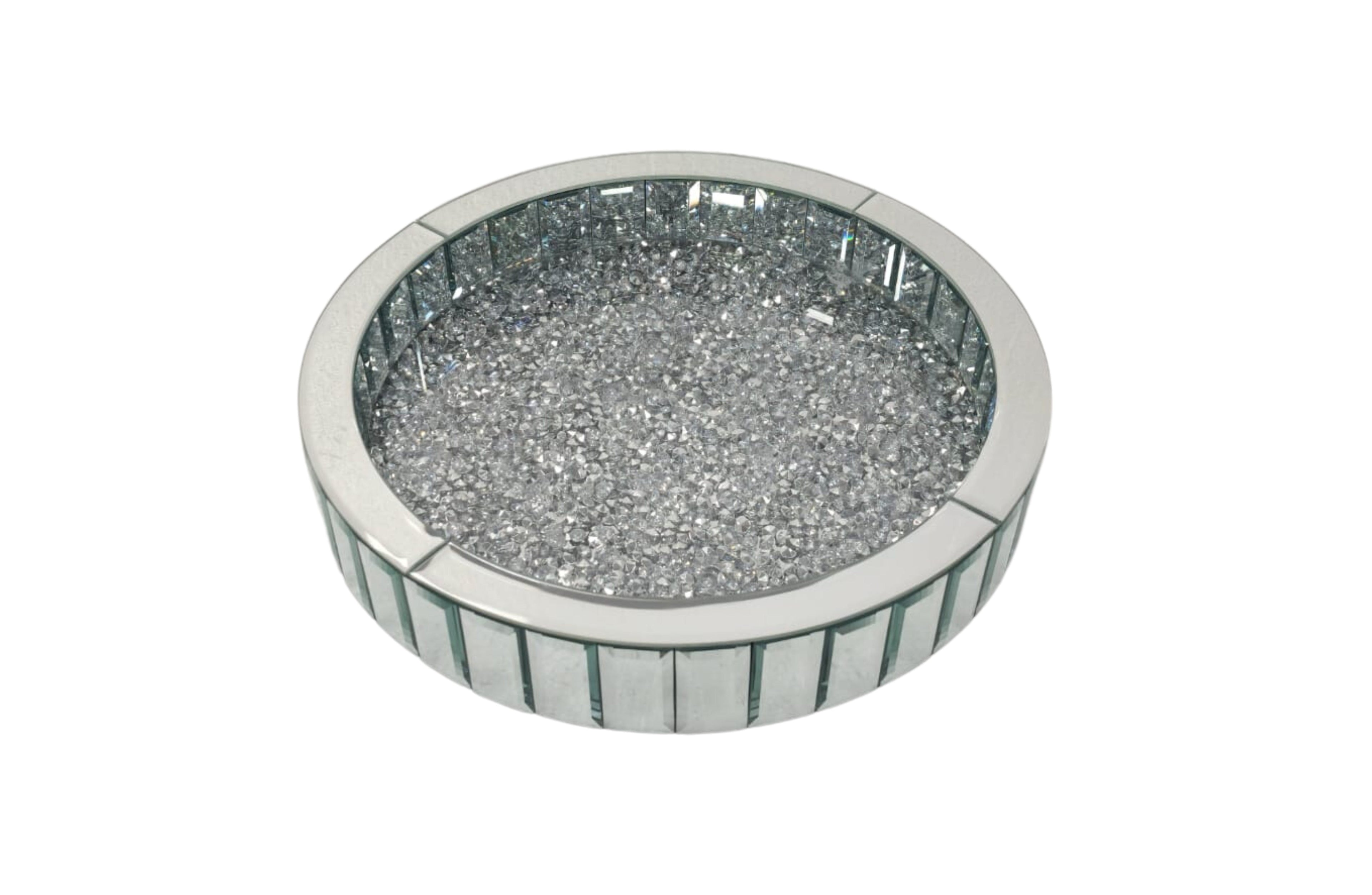 Round Vogue Diamond Tray with dazzling diamond embellishments and bevelled mirror – a luxurious centerpiece for any table or vanity.