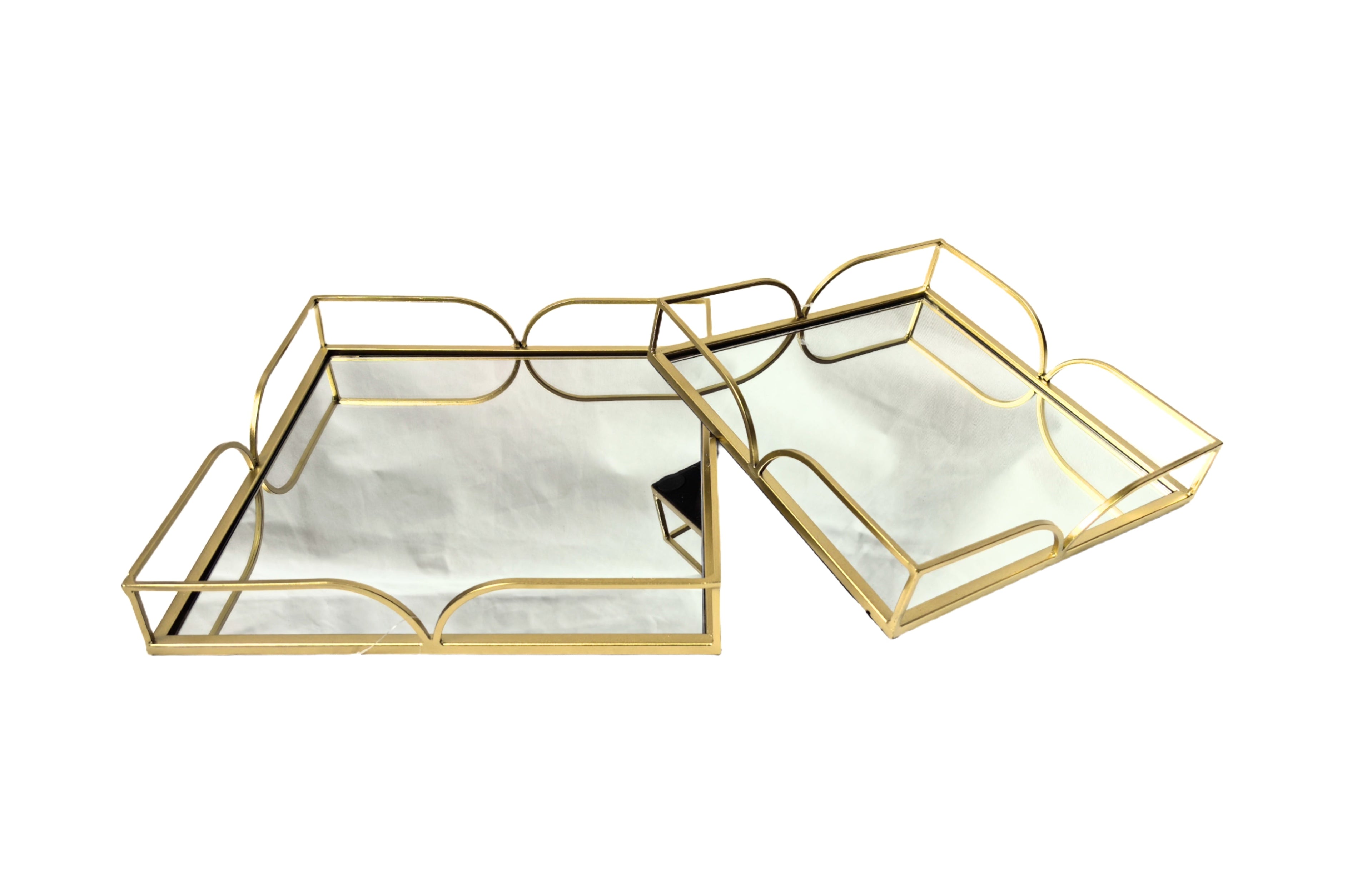 Elegant gold Willow square tray set with mirrored base, ideal for serving or stylish displays.