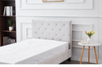 Elegant tufted headboard of Winston Velvet Bed in light grey velvet upholstery.