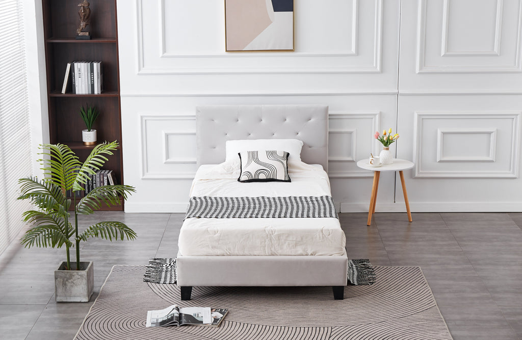 Front view of Winston Velvet Tufted Bed in light grey with elegant velvet finish.