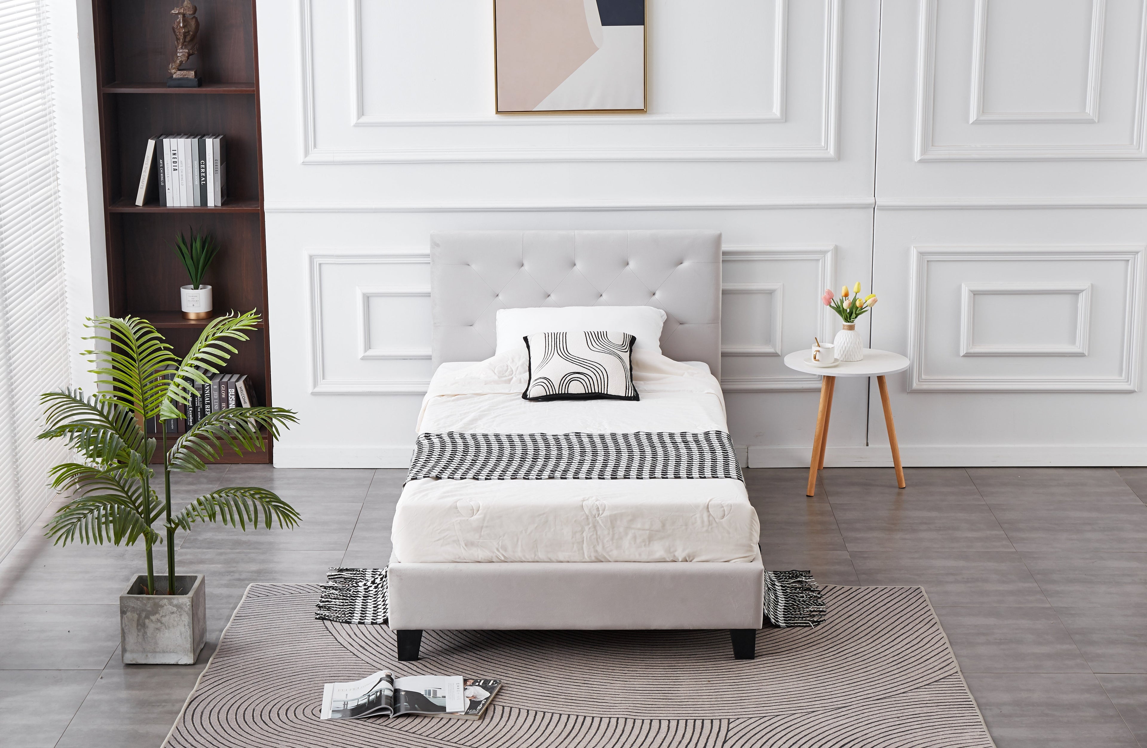Front view of Winston Velvet Tufted Bed in light grey with elegant velvet finish.